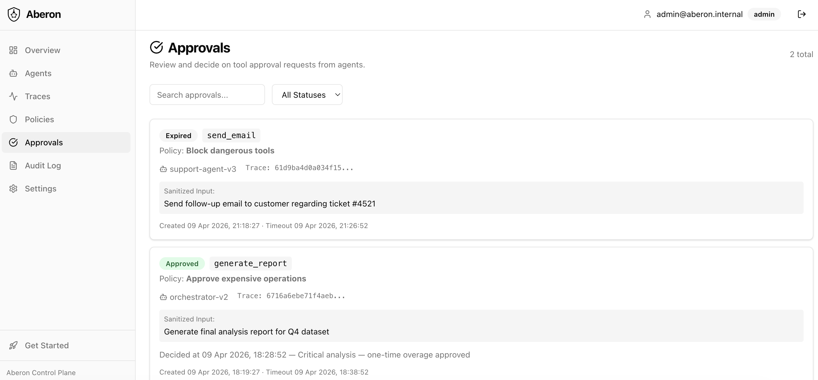 Approvals queue with blocked tool call and approved cost overage
