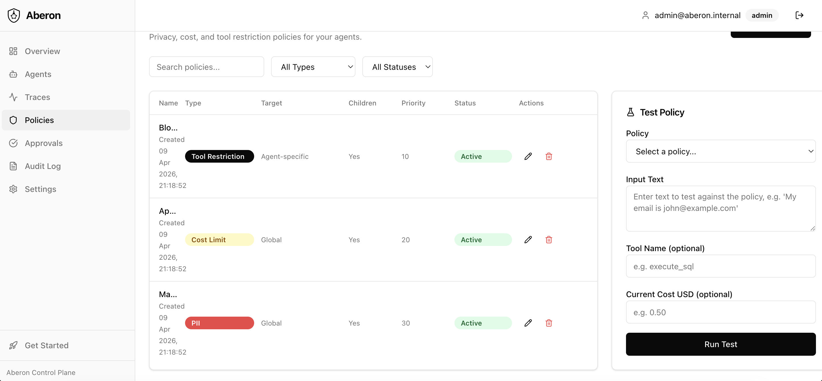 Policies list — Tool Restriction, Cost Limit, and PII policies with test panel
